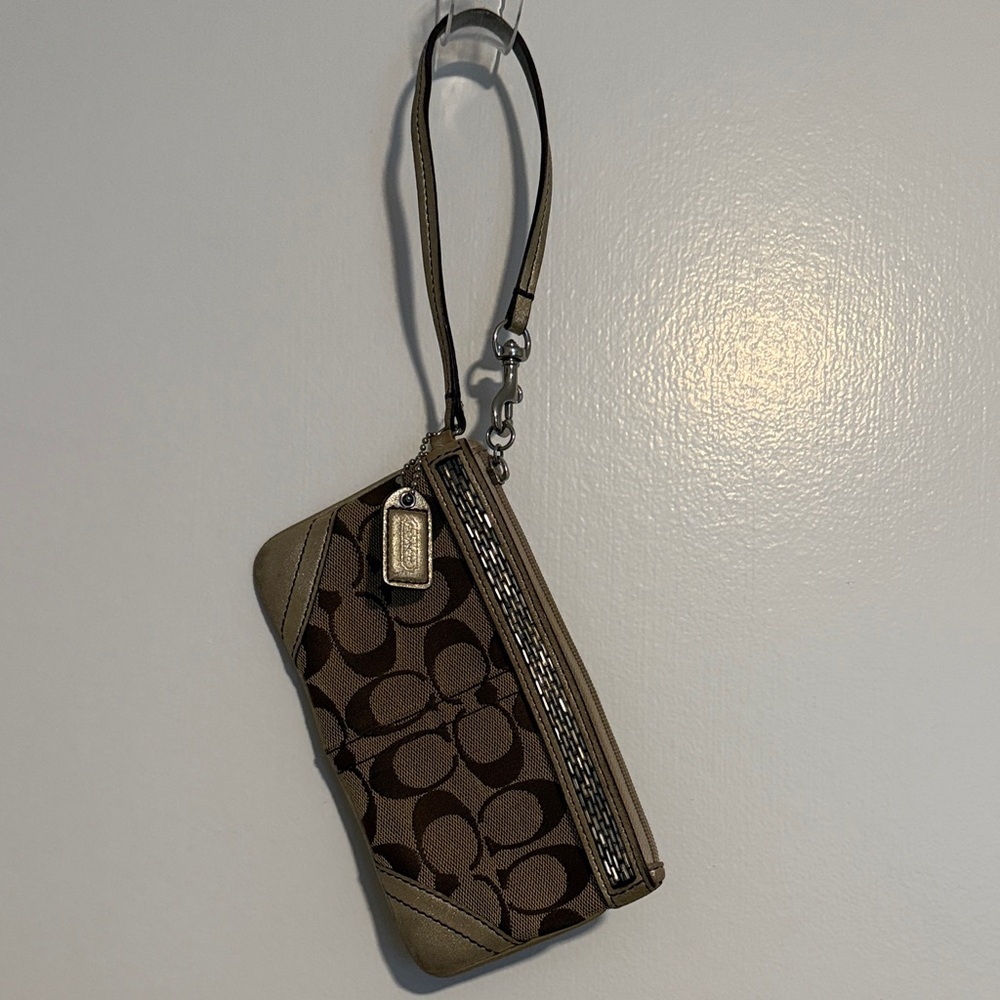 Coach Brown and Silver Sequin Wristlet with Signature Pattern